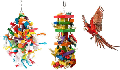 2-Pcs Parrot Toys Set with Multicolor Wooden Blocks, Chew Toys for Conures, Parakeets, Cockatiels & Large Parrots