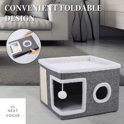 Large Indoor Cat Bed, Cozy Foldable Condo with Fluffy Hanging Ball, Round Window & Scratch Pad