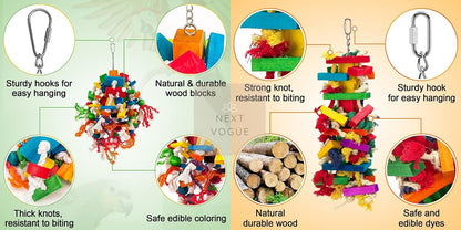 2-Pcs Parrot Toys Set with Multicolor Wooden Blocks, Chew Toys for Conures, Parakeets, Cockatiels & Large Parrots
