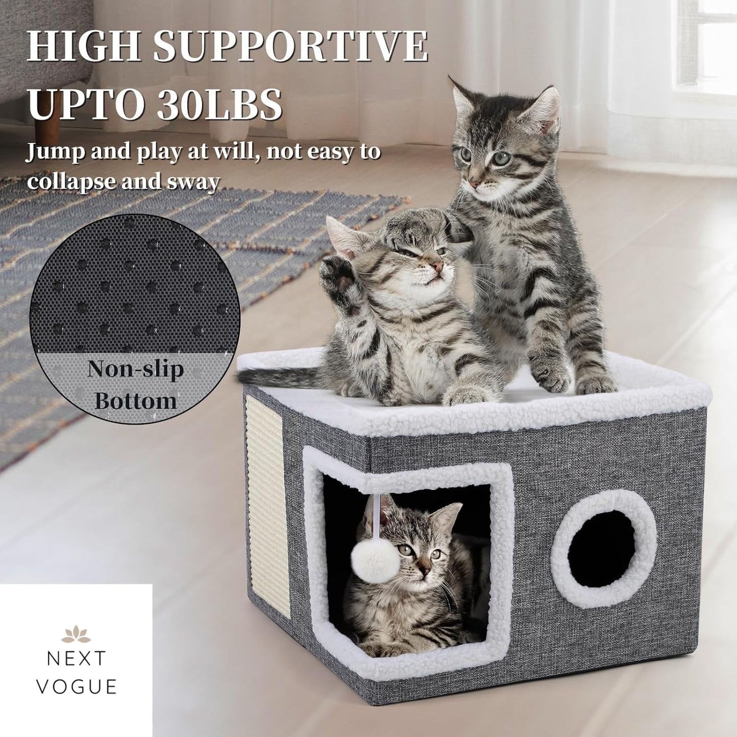 Large Indoor Cat Bed, Cozy Foldable Condo with Fluffy Hanging Ball, Round Window & Scratch Pad