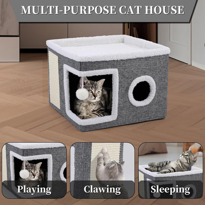 Large Indoor Cat Bed, Cozy Foldable Condo with Fluffy Hanging Ball, Round Window & Scratch Pad