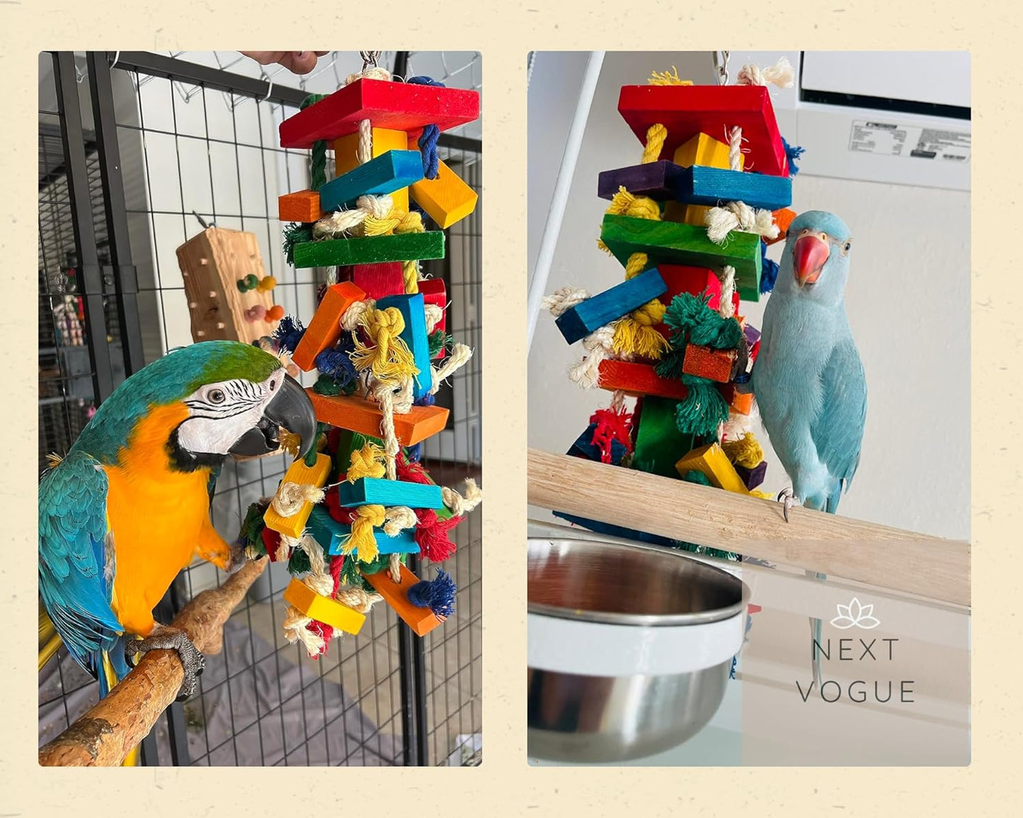2-Pcs Parrot Toys Set with Multicolor Wooden Blocks, Chew Toys for Conures, Parakeets, Cockatiels & Large Parrots