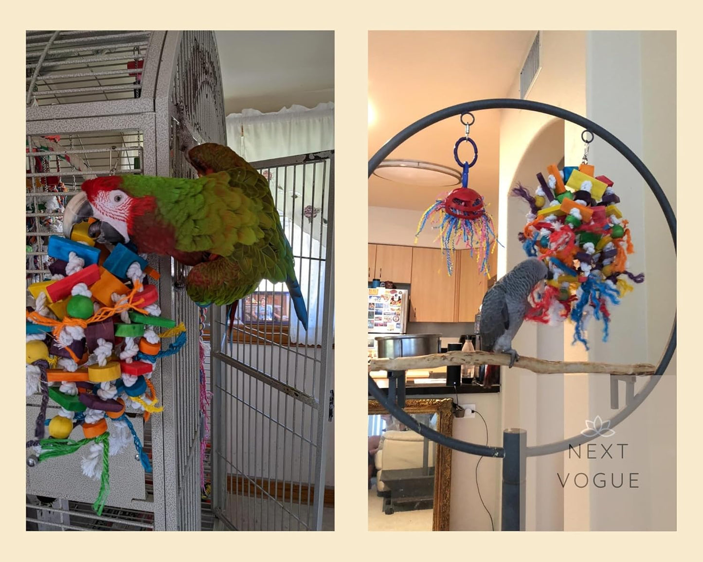 2-Pcs Parrot Toys Set with Multicolor Wooden Blocks, Chew Toys for Conures, Parakeets, Cockatiels & Large Parrots