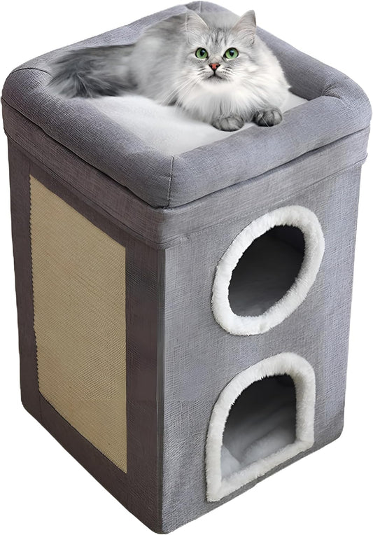 3-Layer Cat House & Condo Bed with Scratch Pad, Hideaway Cube, Large Indoor Bed for Multiple Cats (62x40x40 cm)