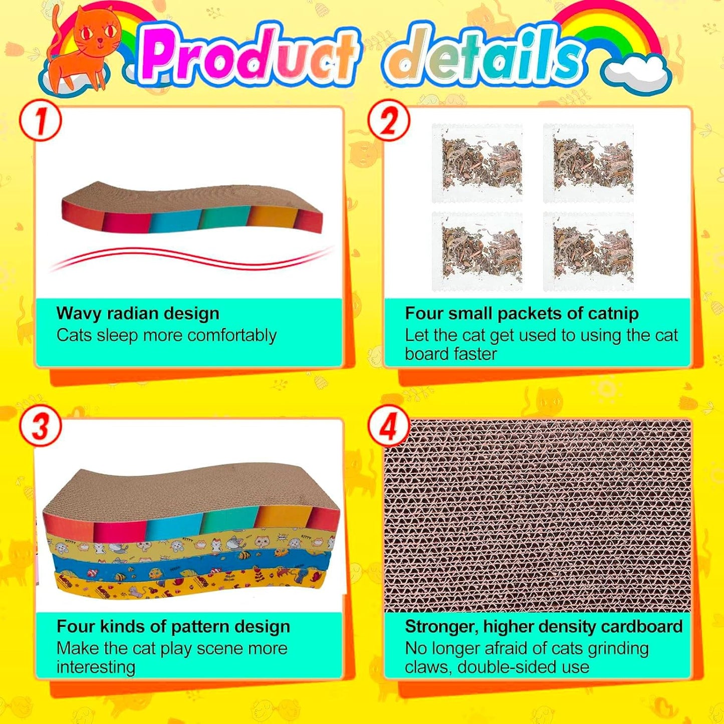 4-Pcs Reversible Cardboard Cat Scratcher with Catnip, S-Shape Corrugated Pads for Furniture Protection