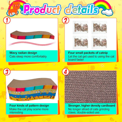 4-Pcs Reversible Cardboard Cat Scratcher with Catnip, S-Shape Corrugated Pads for Furniture Protection