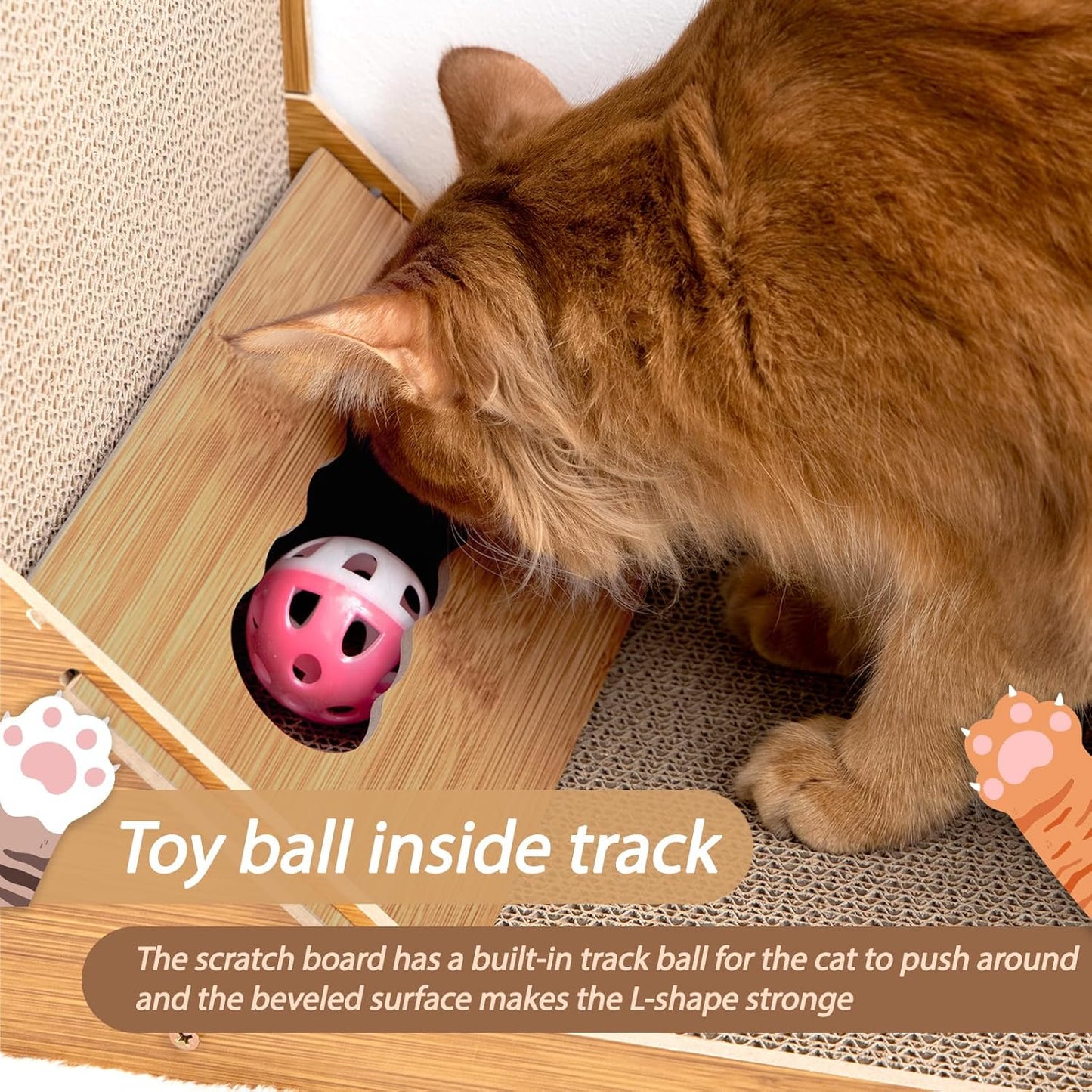 L-Shaped Cat Scratcher with Ball Toy & Catnip, 23.6" Scratching Post + Teaser Wand