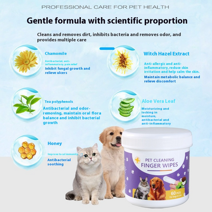 Pet Finger Cleaning Wipes with Coconut Scent, 60pcs – Dog Ear & Cat Eye Wipes for Tear Stains, Wax, Mucus & Odor