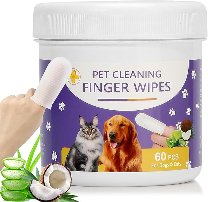 Pet Finger Cleaning Wipes with Coconut Scent, 60pcs – Dog Ear & Cat Eye Wipes for Tear Stains, Wax, Mucus & Odor