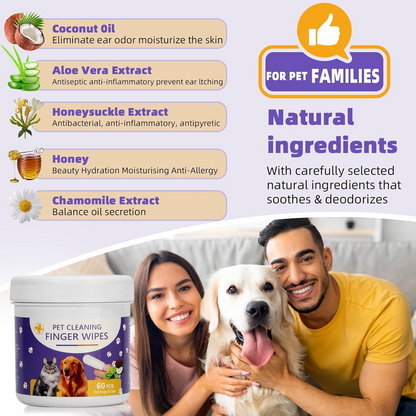 Pet Finger Cleaning Wipes with Coconut Scent, 60pcs – Dog Ear & Cat Eye Wipes for Tear Stains, Wax, Mucus & Odor